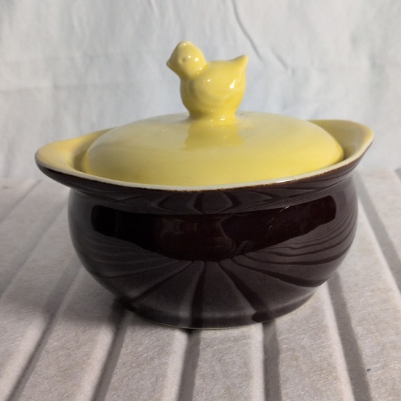 hull Other - Hull Ceramic Brown Yellow Covered Dish Chick Lid Glossy Pottery Animal Theme